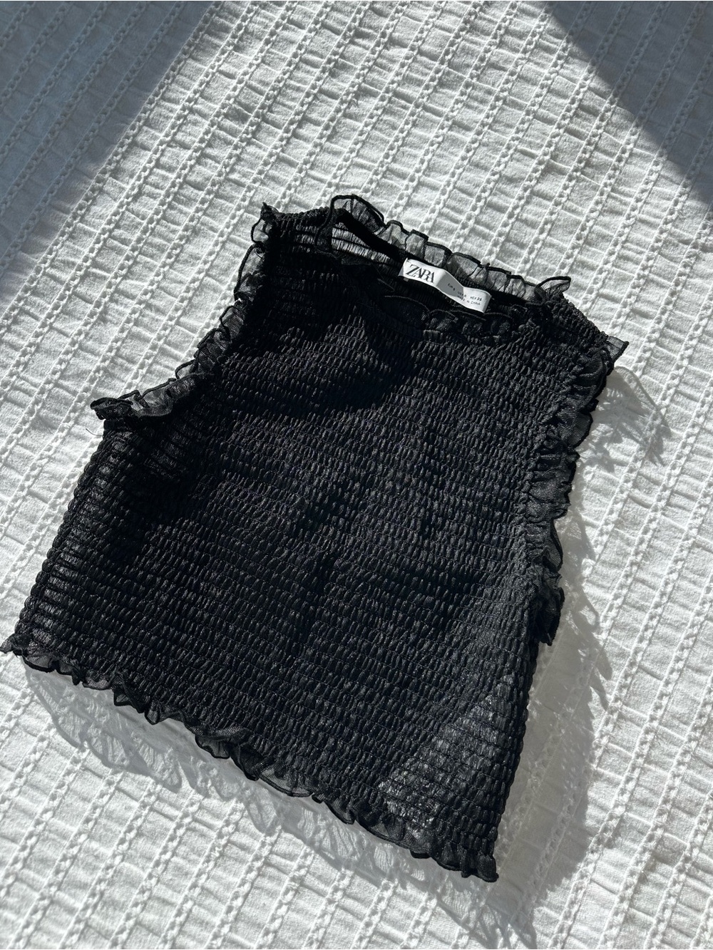 ZARA Sheer Black Ruffle Trim Sleeveless Crop Top
